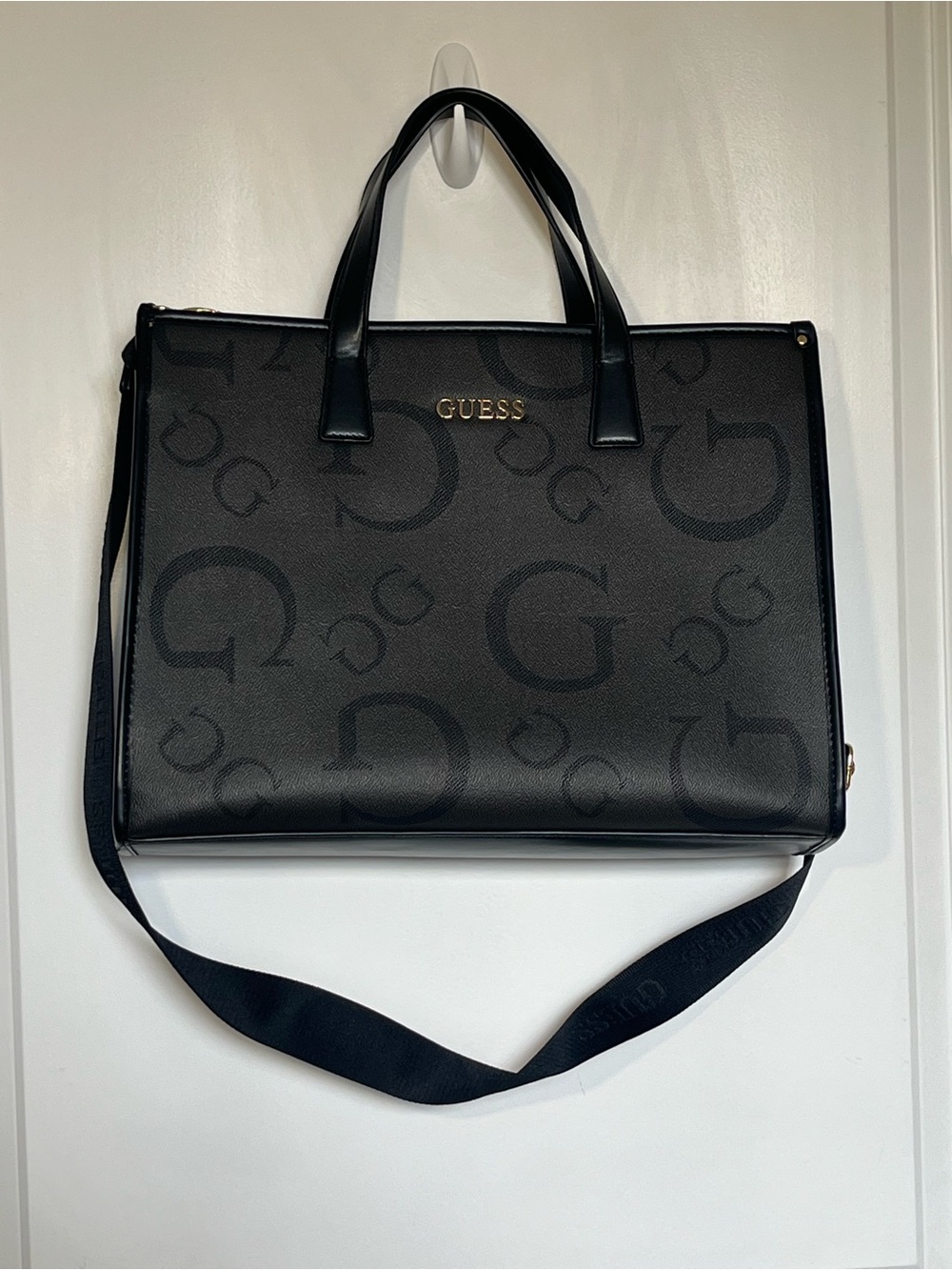GUESS Black Logo Messenger Tote with Gold Tone Logo